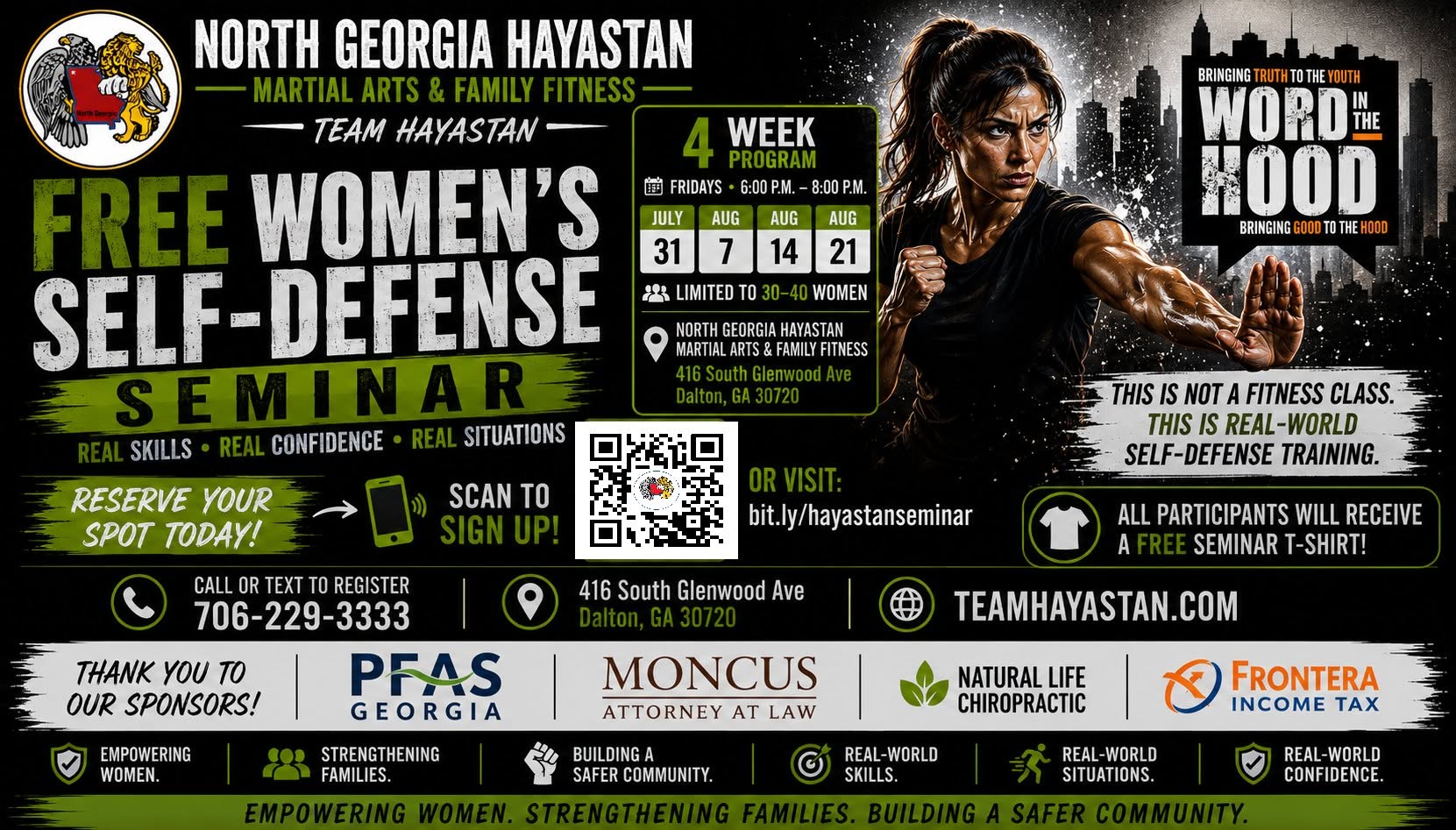 Flyer for the free women’s self-defense seminar at North Georgia Hayastan Martial Arts & Family Fitness in Dalton, Georgia